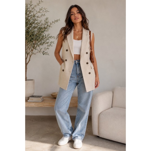 H&M Tops - H&M Beige Double Breasted Long Sleeveless Blazer Vest XS Quiet Luxury